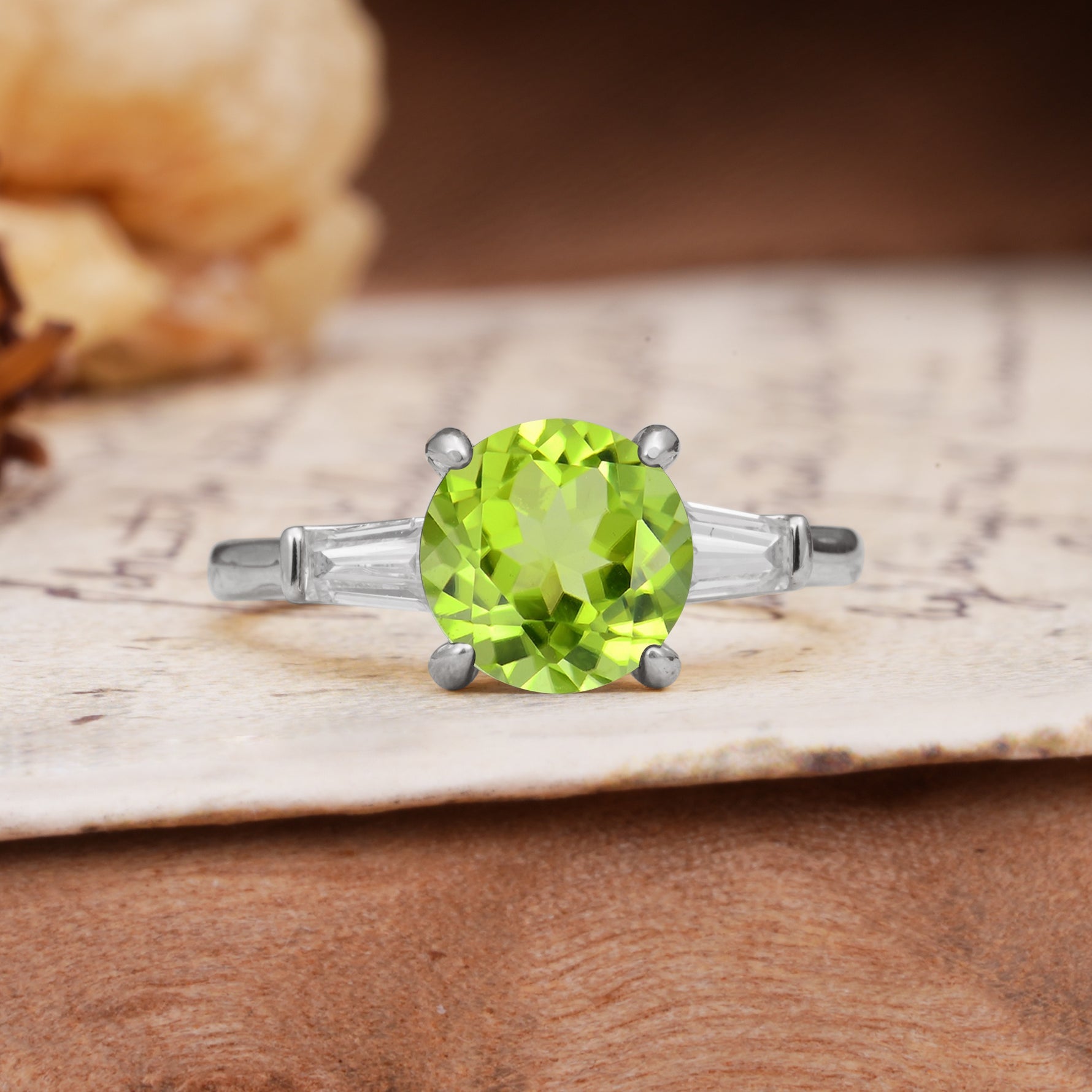 Classic, Minimalist 4-Prong Round Cut Peridot Three Stones Wedding Ring - Additional view