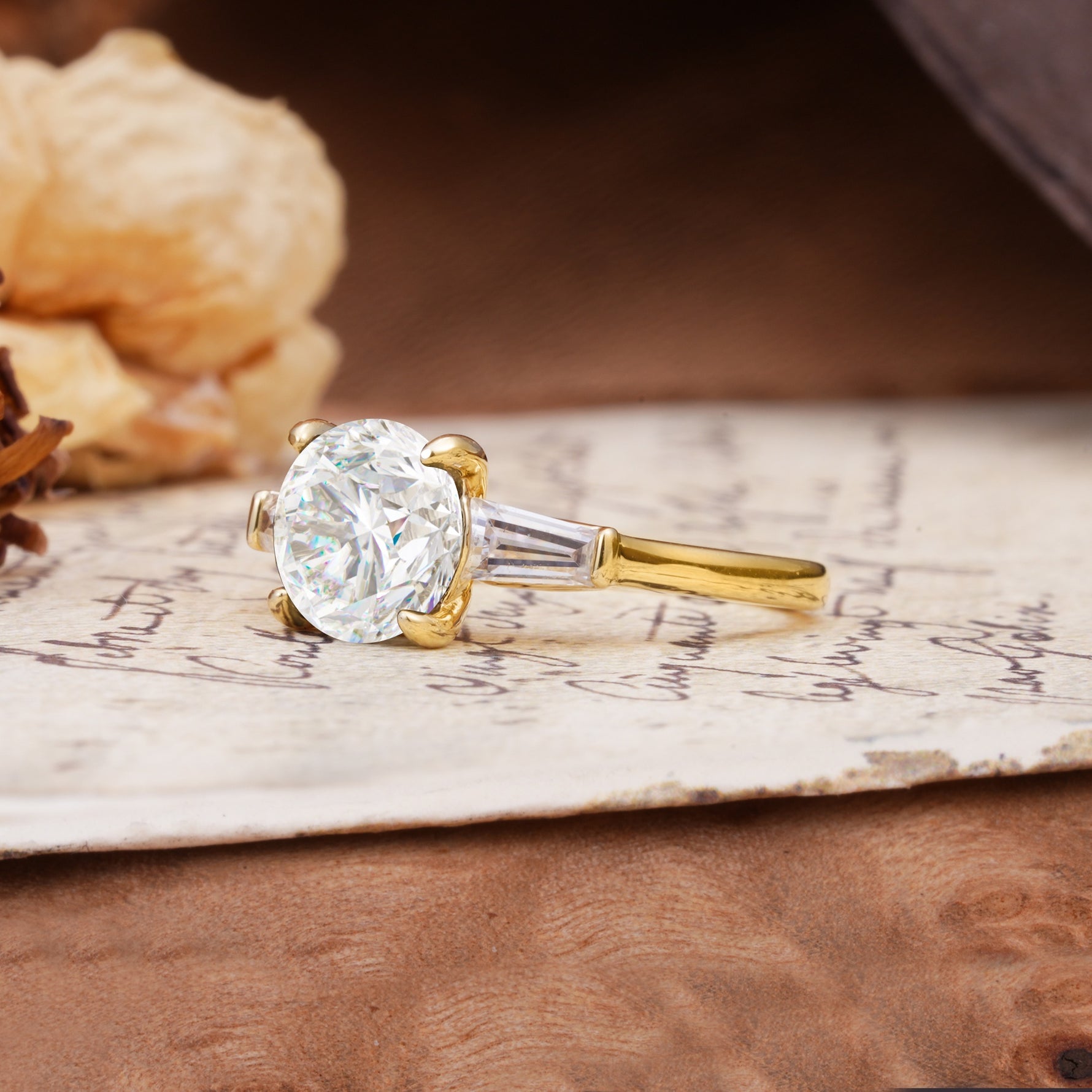 Classic, Minimalist 4-Prong Round Cut Moissanite Three Stones Wedding Ring - Additional view