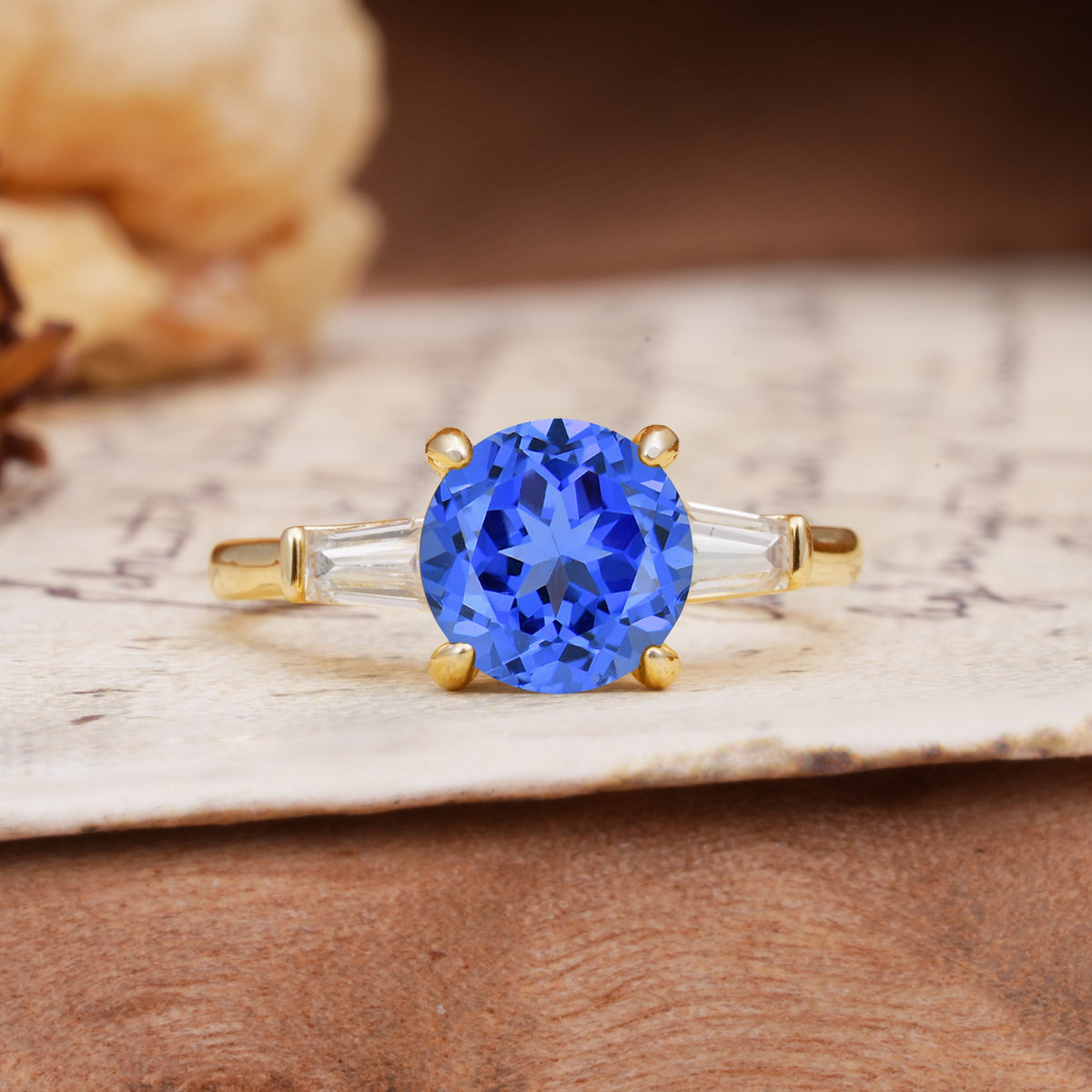 Classic, Minimalist 4-Prong Round Cut Sapphire Three Stones Wedding Ring - Additional view