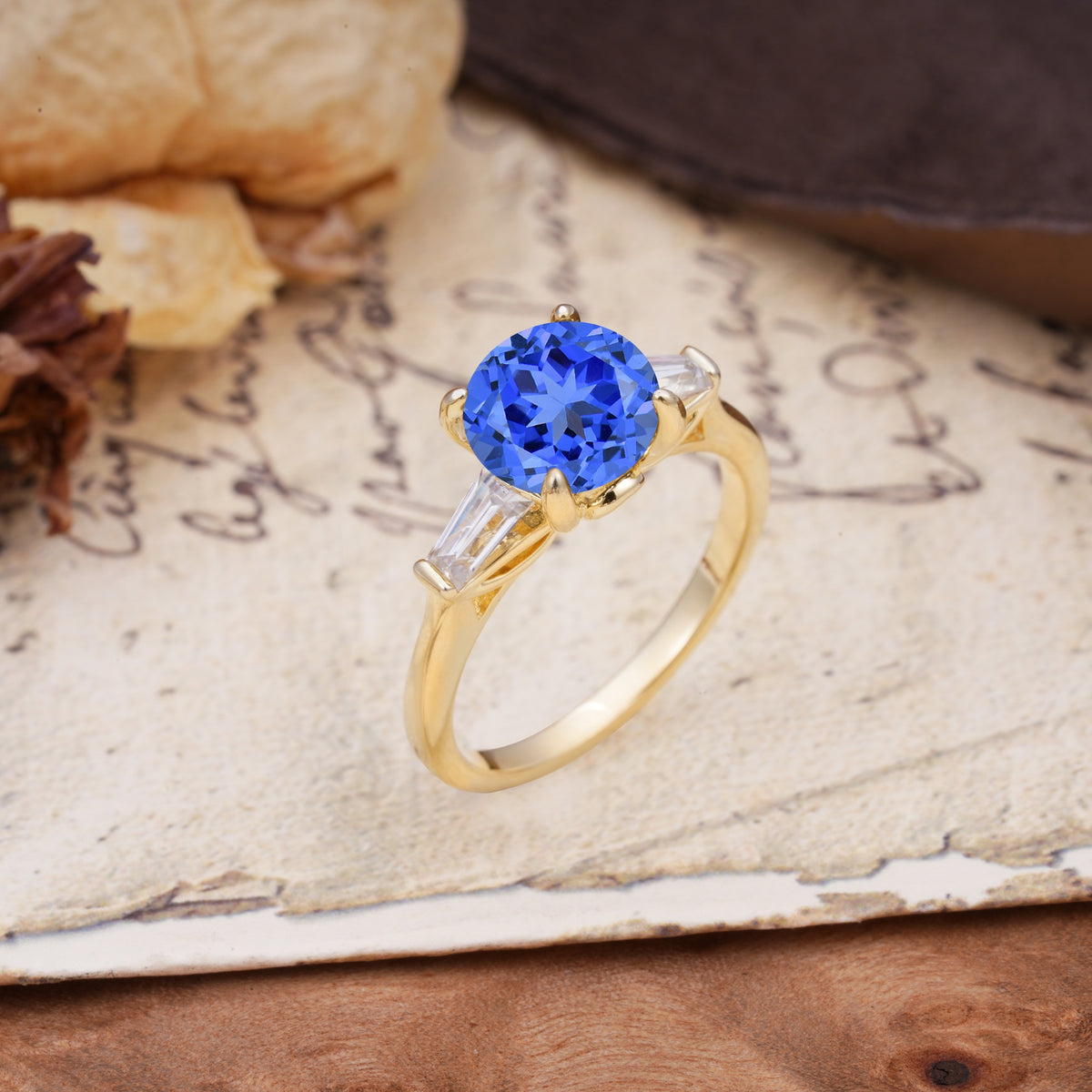 Classic, Minimalist 4-Prong Round Cut Sapphire Three Stones Wedding Ring - Additional view