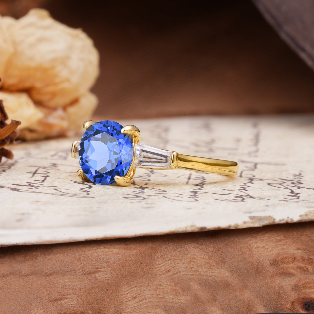 Classic, Minimalist 4-Prong Round Cut Sapphire Three Stones Wedding Ring - Additional view
