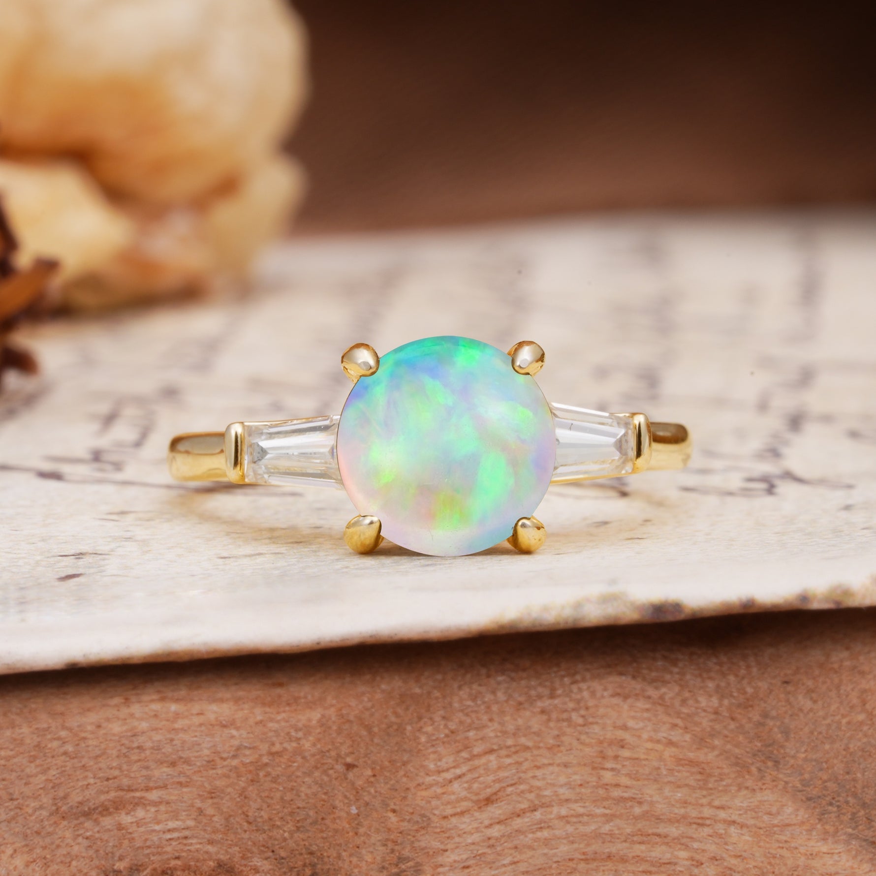 Classic, Minimalist 4-Prong Round Cut Fire Opal Three Stones Wedding Ring - Additional view