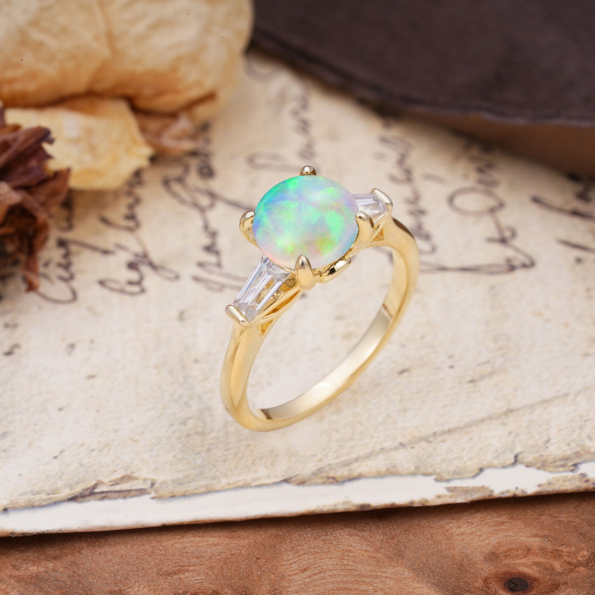 Classic, Minimalist 4-Prong Round Cut Fire Opal Three Stones Wedding Ring - Additional view