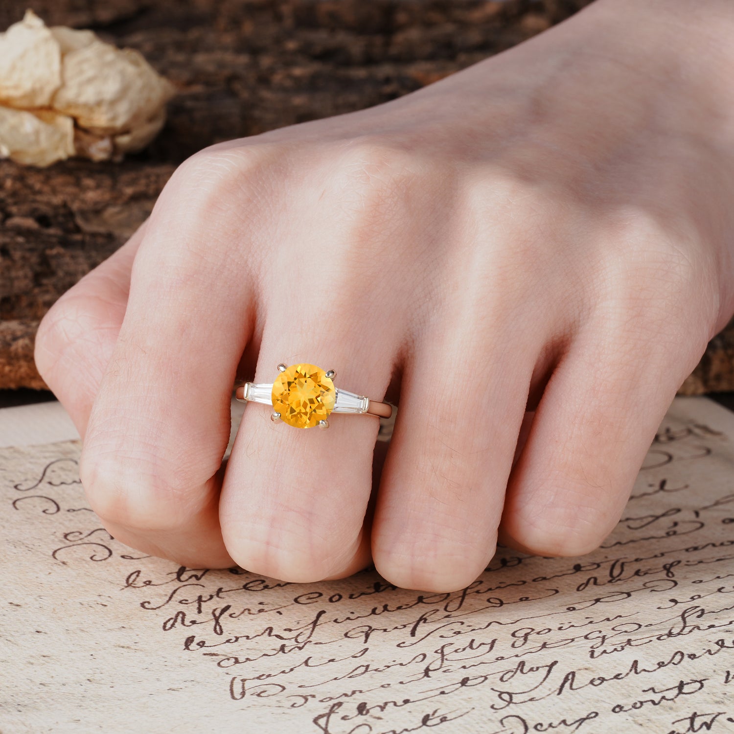 Classic, Minimalist 4-Prong Round Cut Citrine Three Stones Wedding Ring