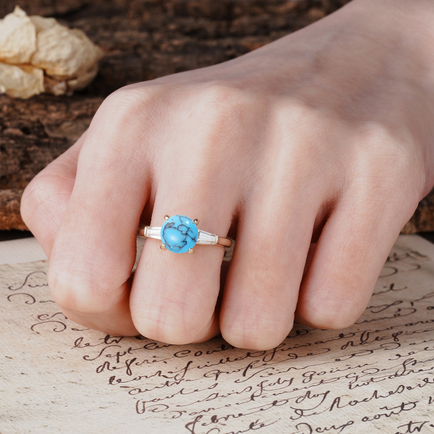 Classic, Minimalist 4-Prong Round Cut Turquoise Three Stones Wedding Ring