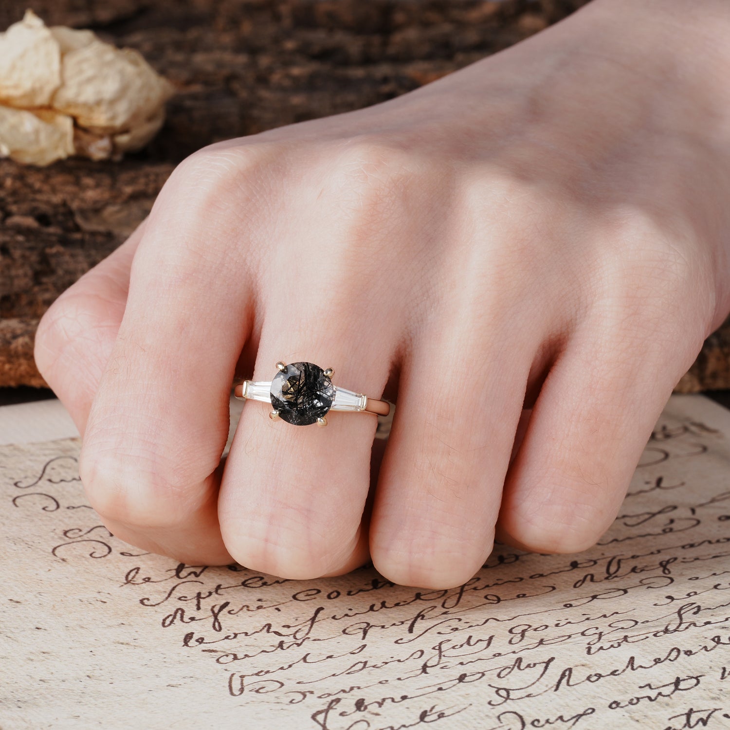 Classic, Minimalist 4-Prong Round Cut Black Rutilated Quartz Three Stones Wedding Ring