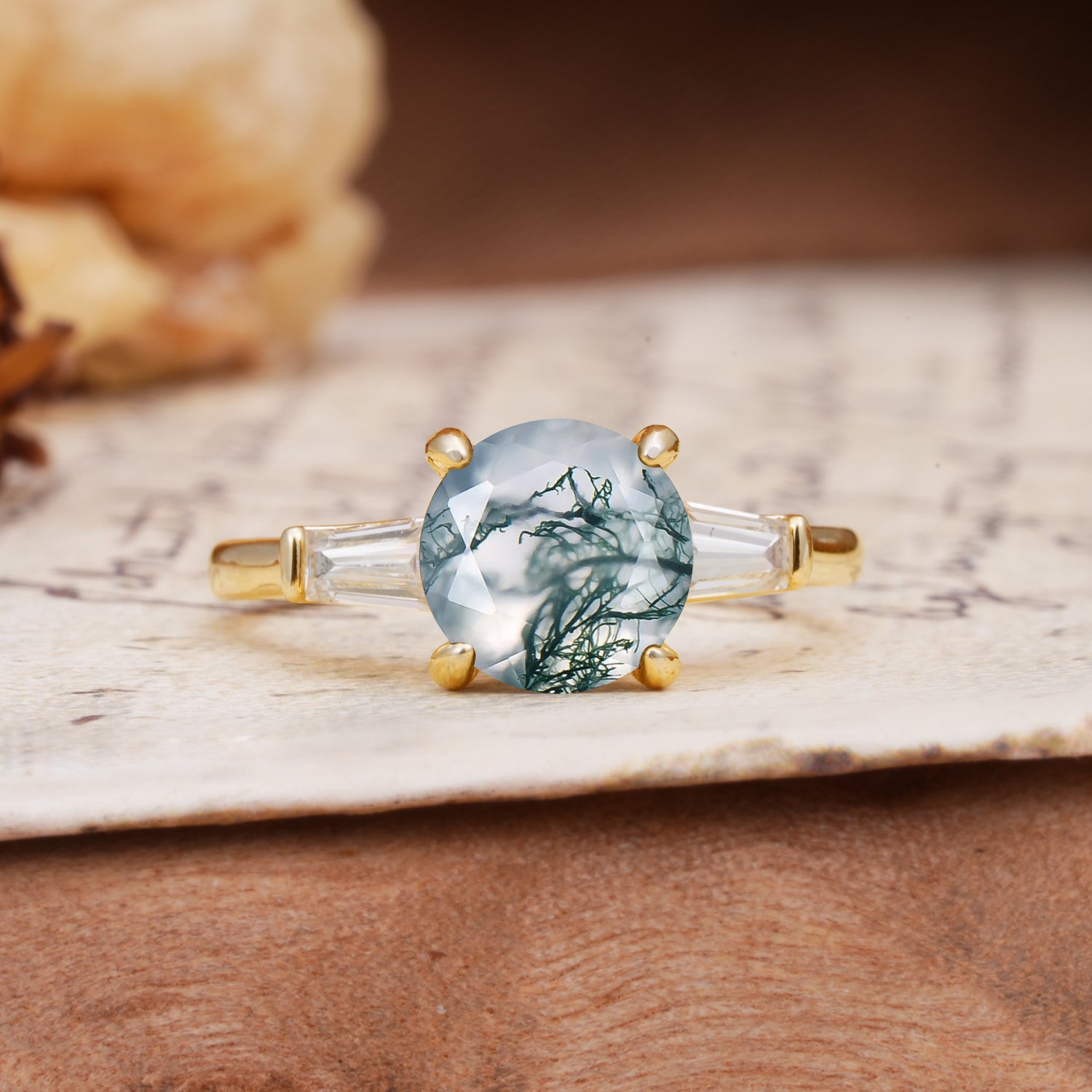 Classic, Minimalist 4-Prong Round Cut Moss Agate Three Stones Wedding Ring