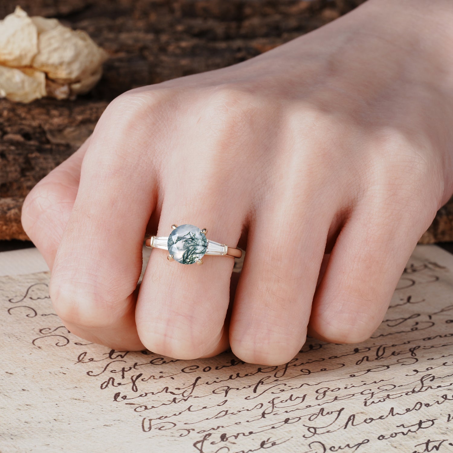 Classic, Minimalist 4-Prong Round Cut Moss Agate Three Stones Wedding Ring