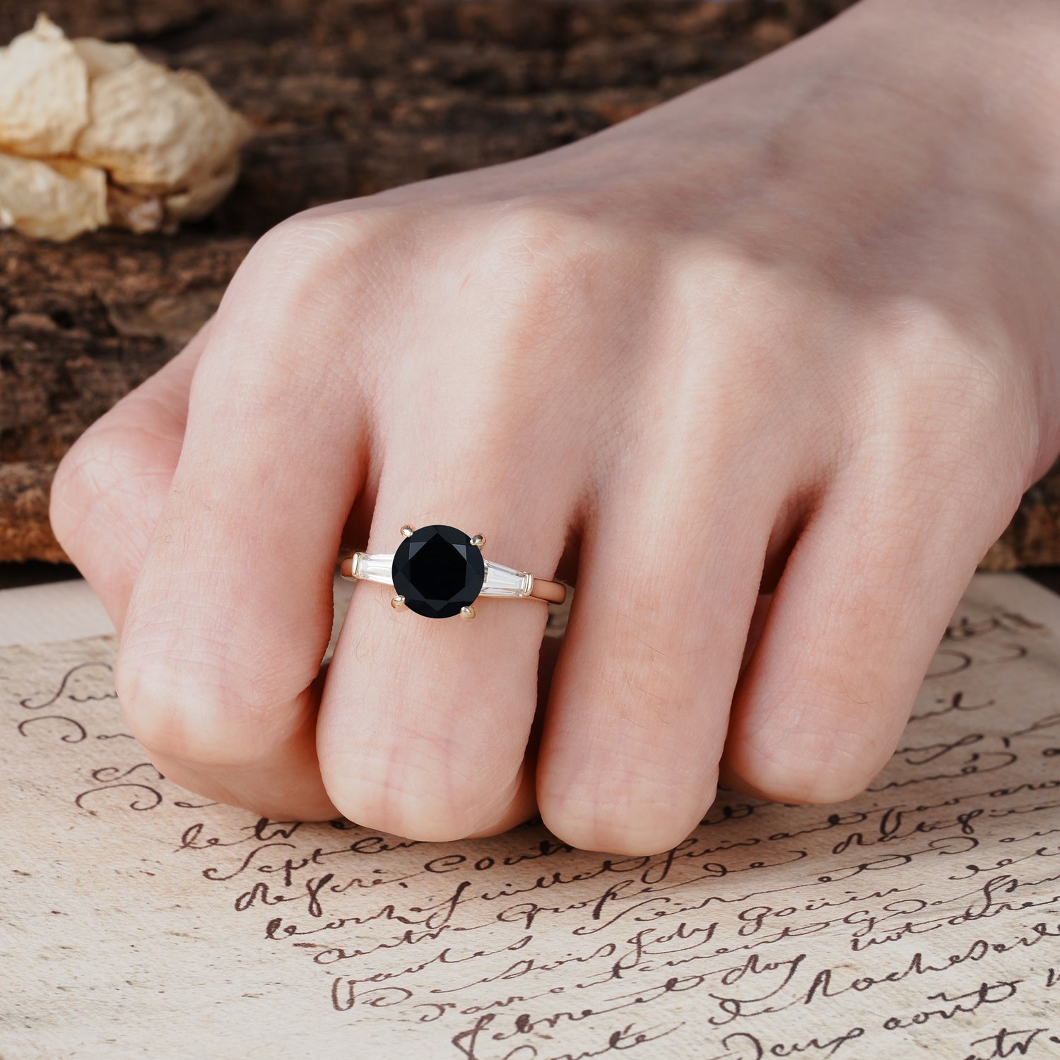 Classic, Minimalist 4-Prong Round Cut Black Onyx Three Stones Wedding Ring