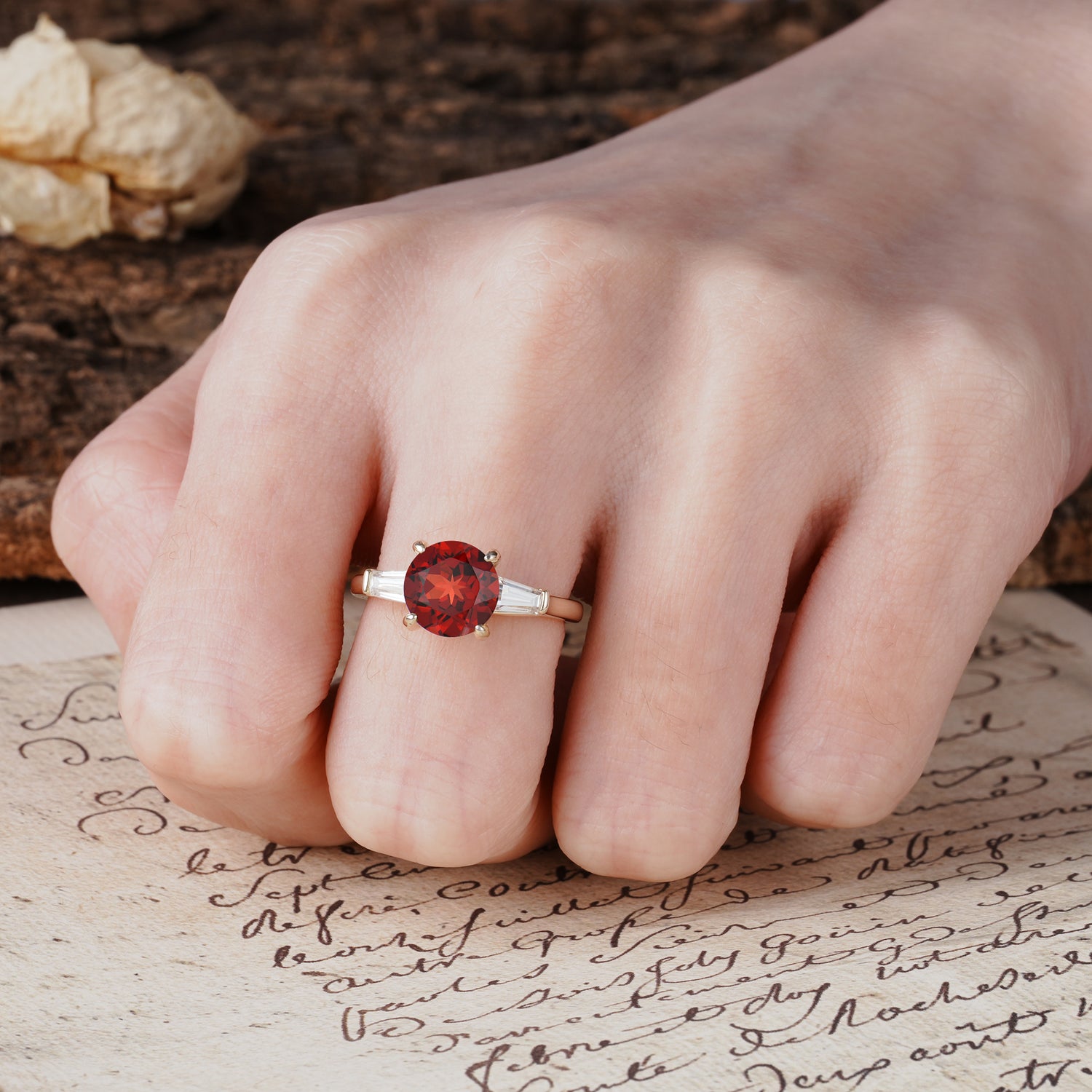Classic, Minimalist 4-Prong Round Cut Garnet Three Stones Wedding Ring