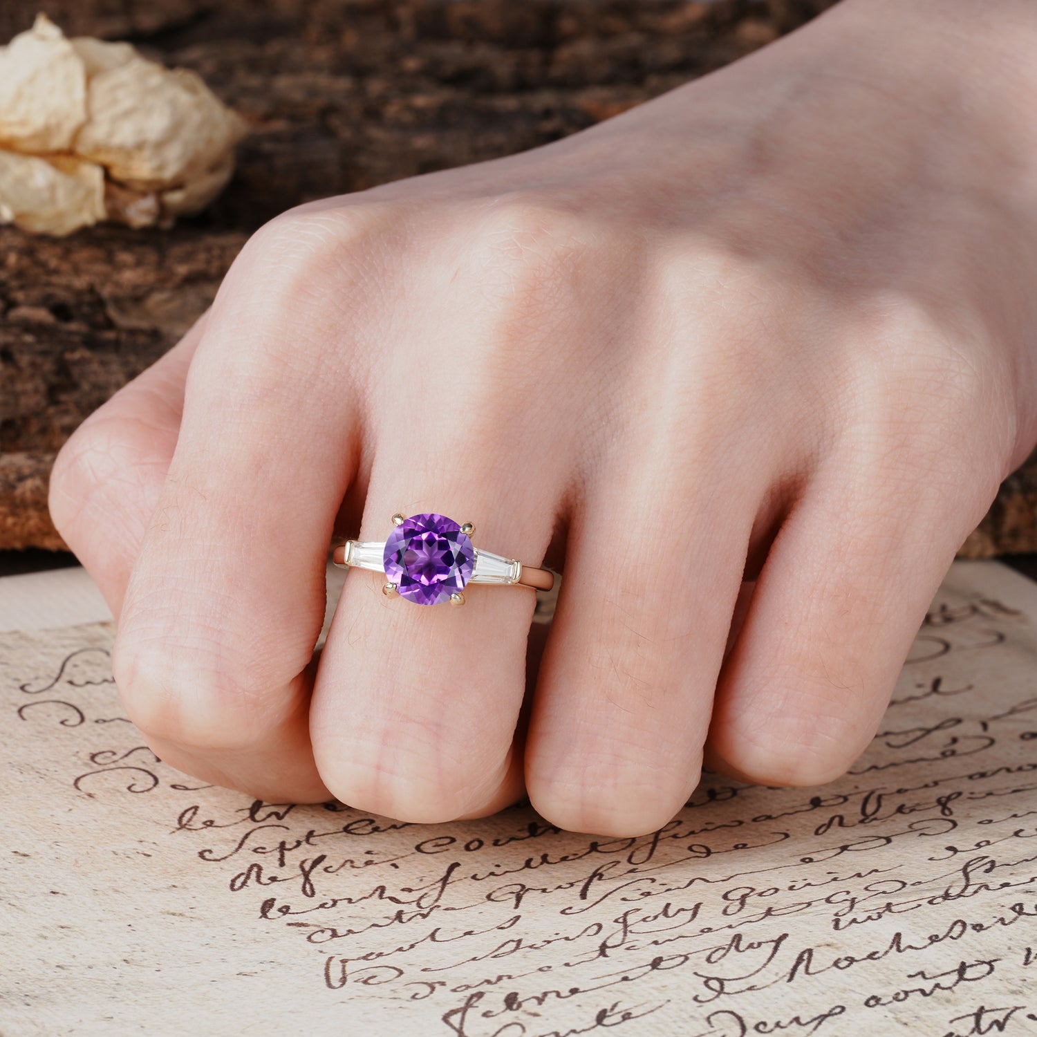 Classic, Minimalist 4-Prong Round Cut Amethyst Three Stones Wedding Ring
