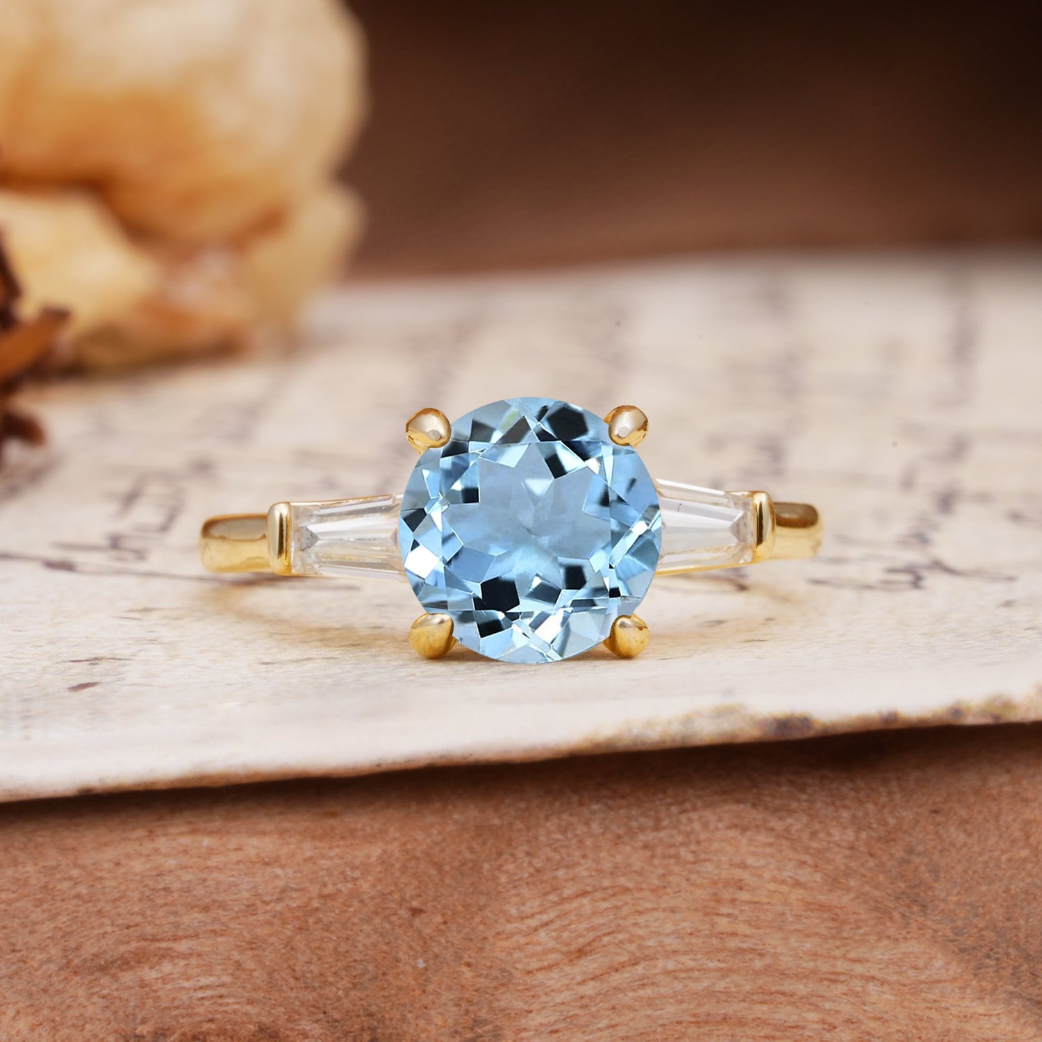 Classic, Minimalist 4-Prong Round Cut Aquamarine Three Stones Wedding Ring