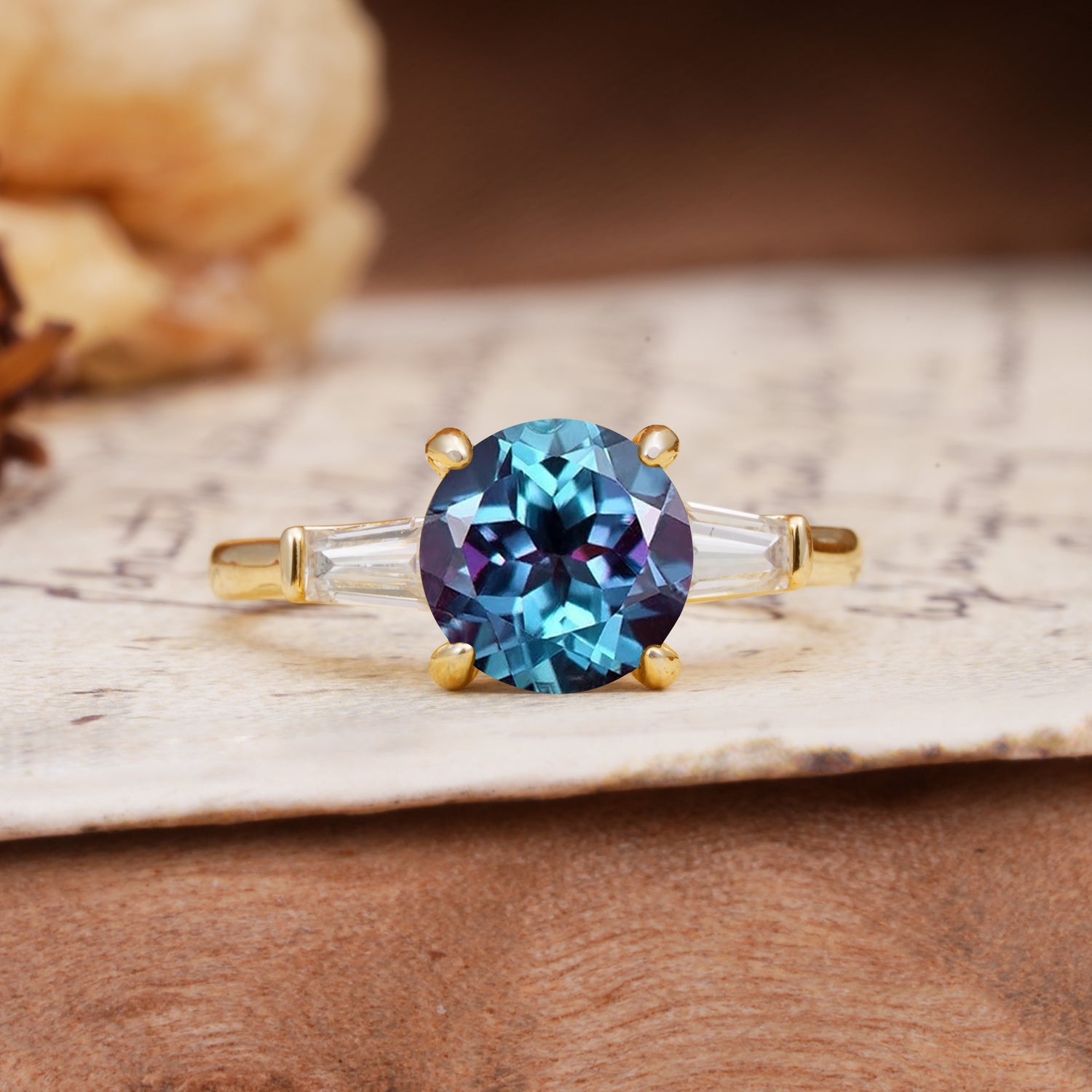 Classic, Minimalist 4-Prong Round Cut Alexandrite Three Stones Wedding Ring