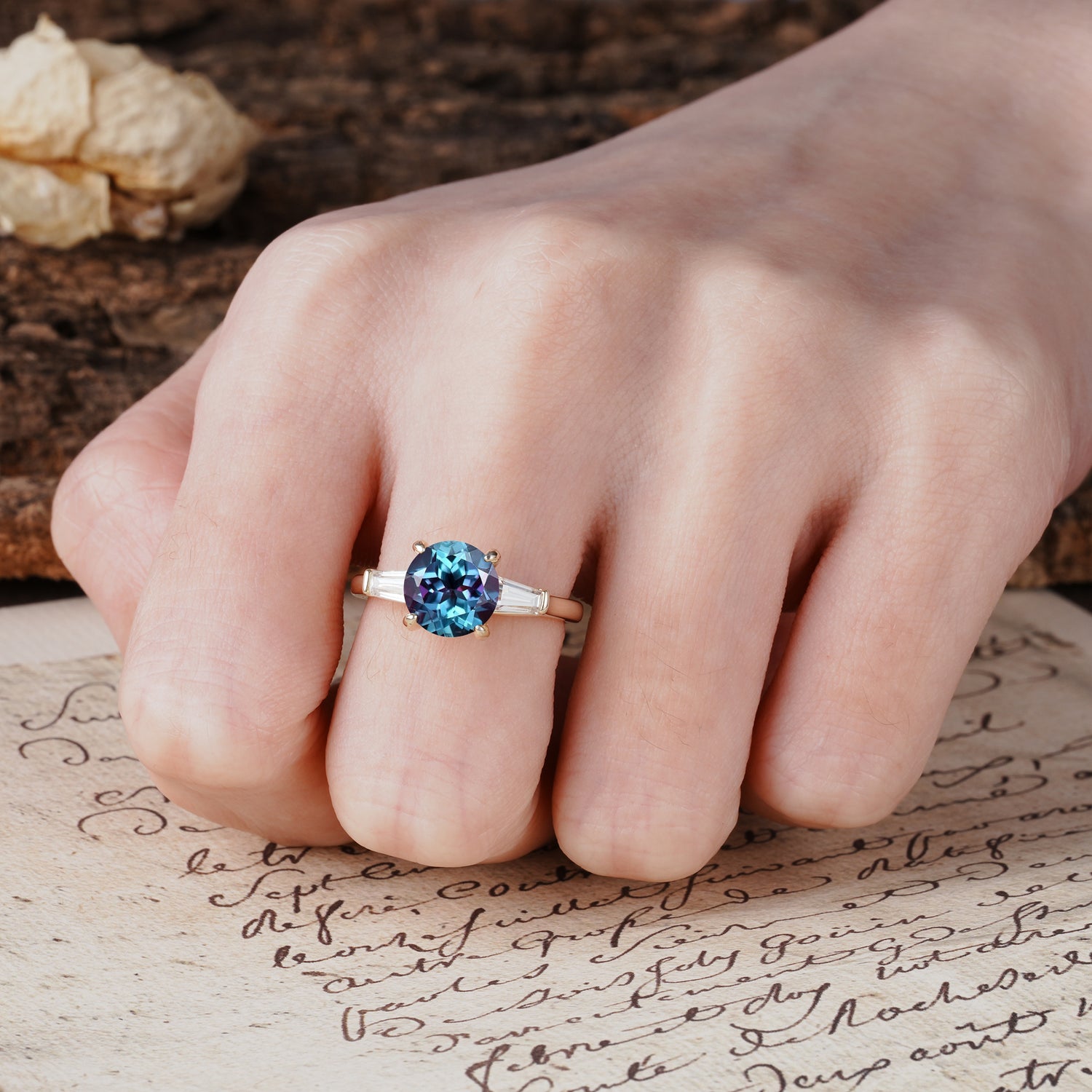 Classic, Minimalist 4-Prong Round Cut Alexandrite Three Stones Wedding Ring