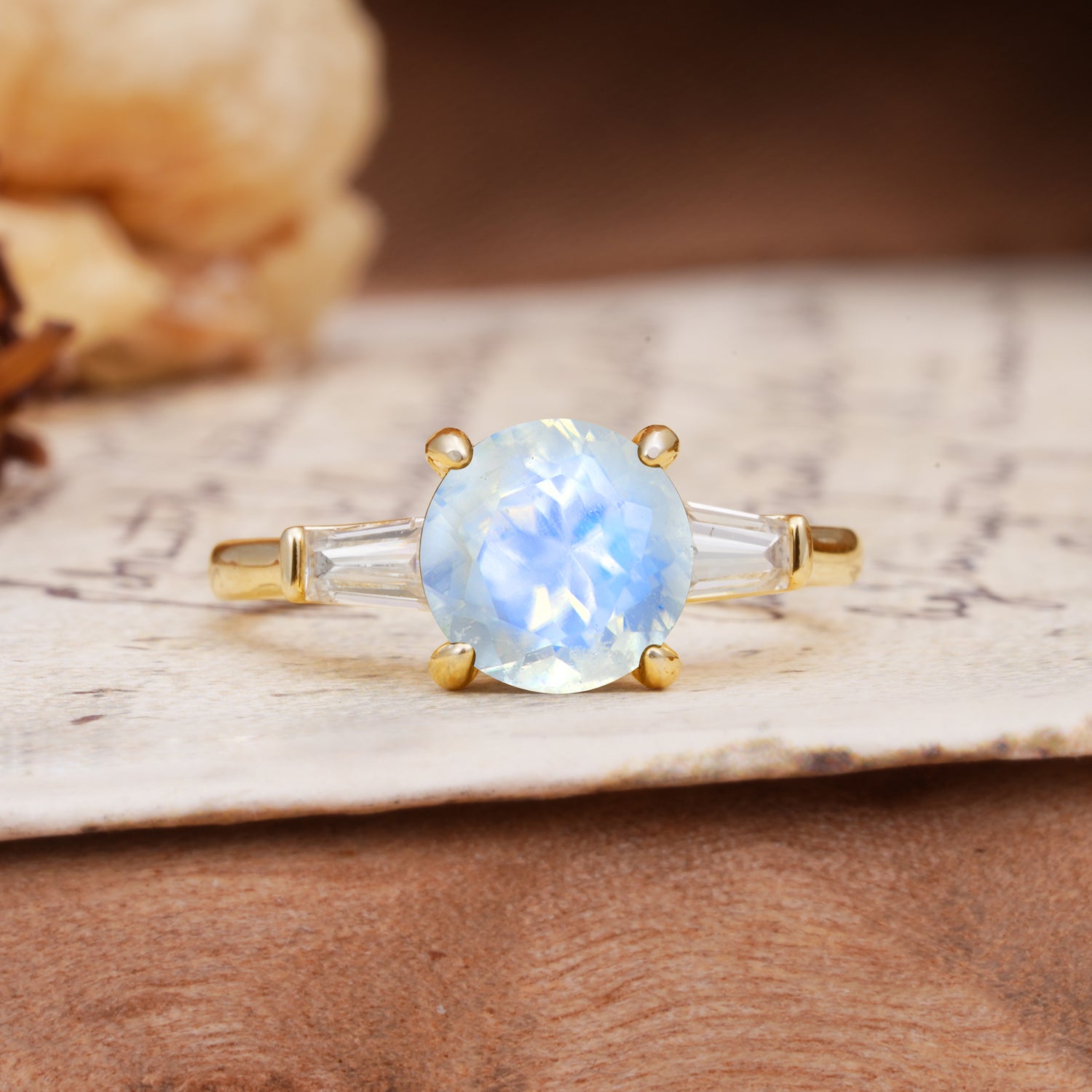 Classic, Minimalist 4-Prong Round Cut Moonstone Three Stones Wedding Ring