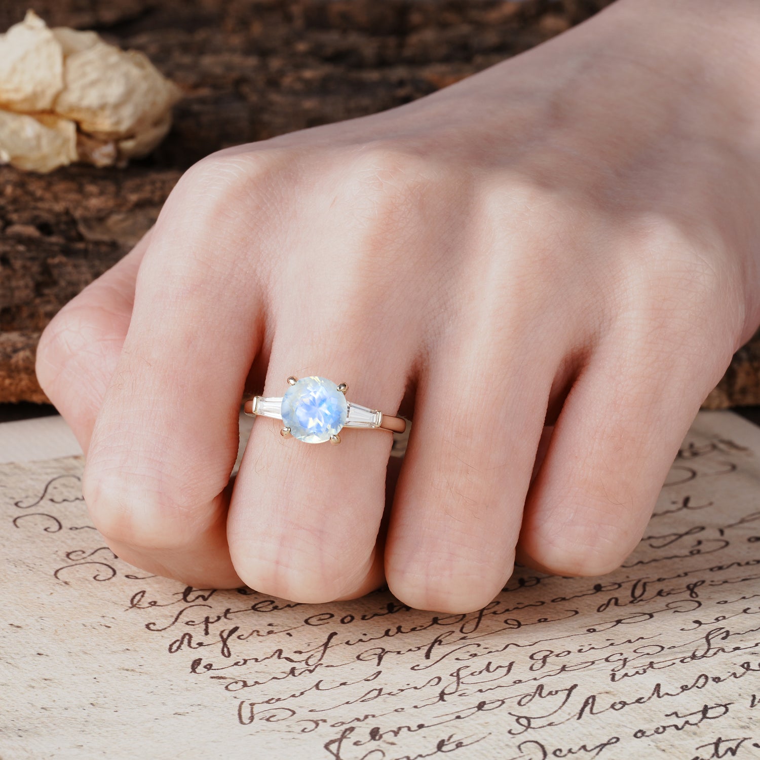 Classic, Minimalist 4-Prong Round Cut Moonstone Three Stones Wedding Ring
