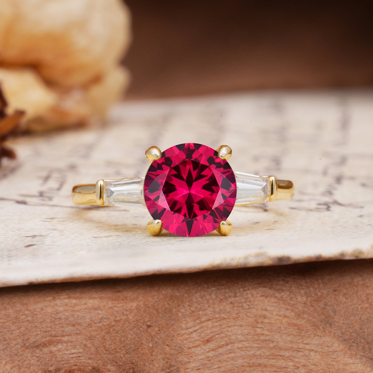 Classic, Minimalist 4-Prong Round Cut Ruby Three Stones Wedding Ring