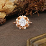 Nature-Inspired, Luxurious Floral Design, 4-Prong Round Cut Moissanite Engagement Ring - Additional view