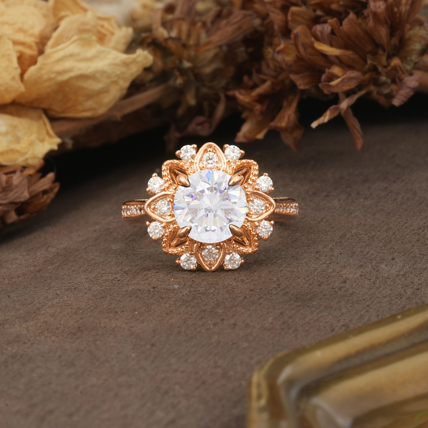 Nature-Inspired, Luxurious Floral Design, 4-Prong Round Cut Moissanite Engagement Ring - Additional view