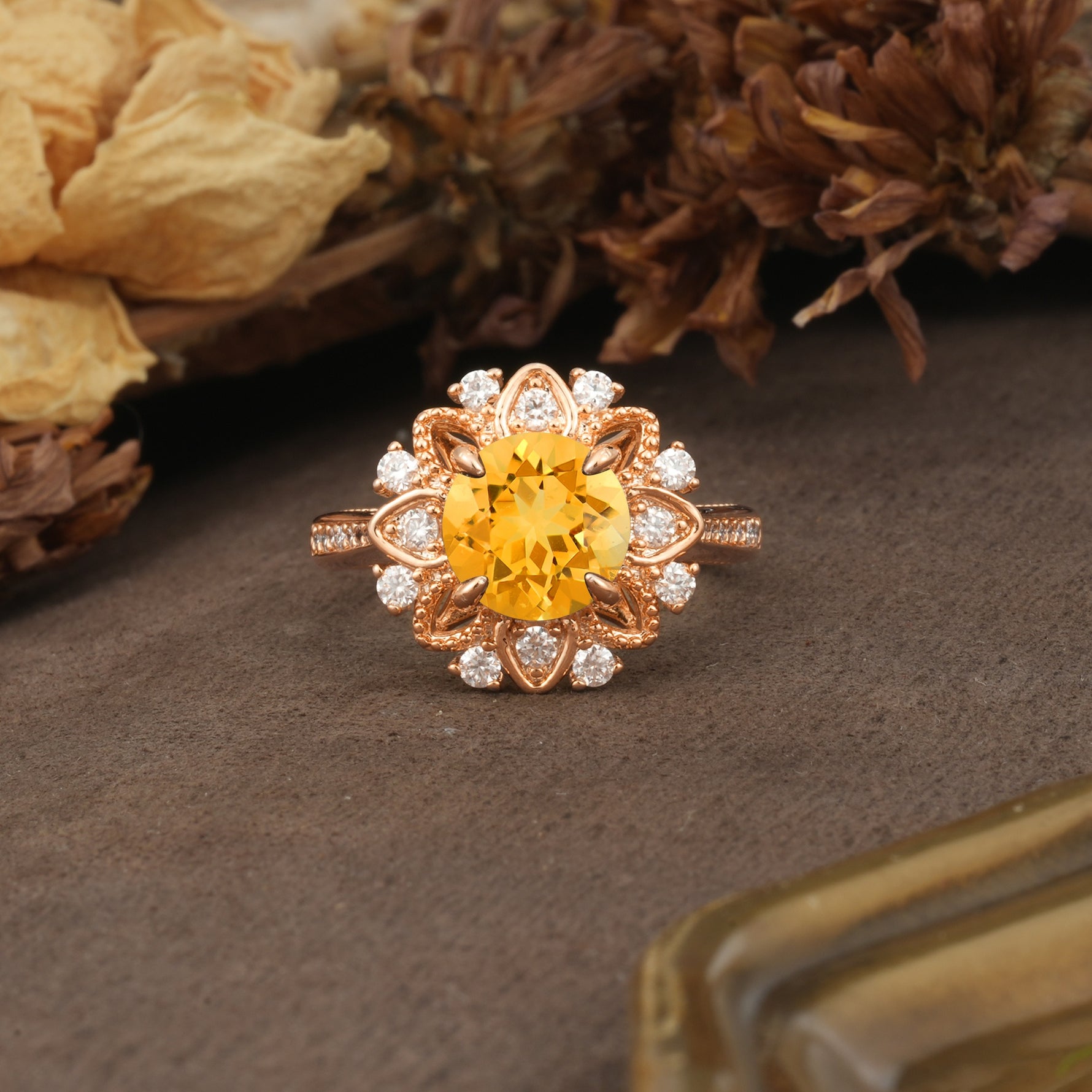 Nature-Inspired, Luxurious Floral Design, 4-Prong Round Cut Citrine Engagement Ring - Additional view