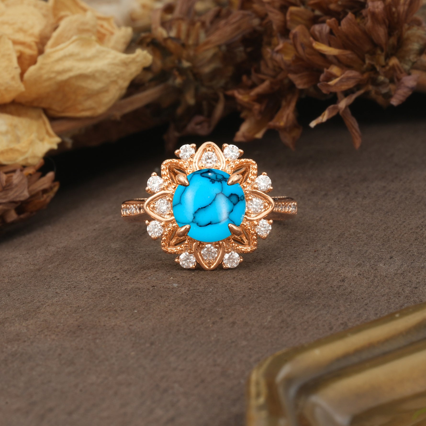 Nature-Inspired, Luxurious Floral Design, 4-Prong Round Cut Turquoise Engagement Ring - Additional view