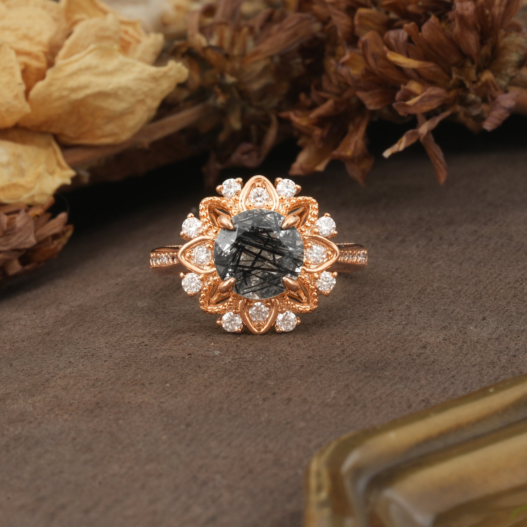 Nature-Inspired, Luxurious Floral Design, 4-Prong Round Cut Black Rutilated Quartz Engagement Ring - Additional view