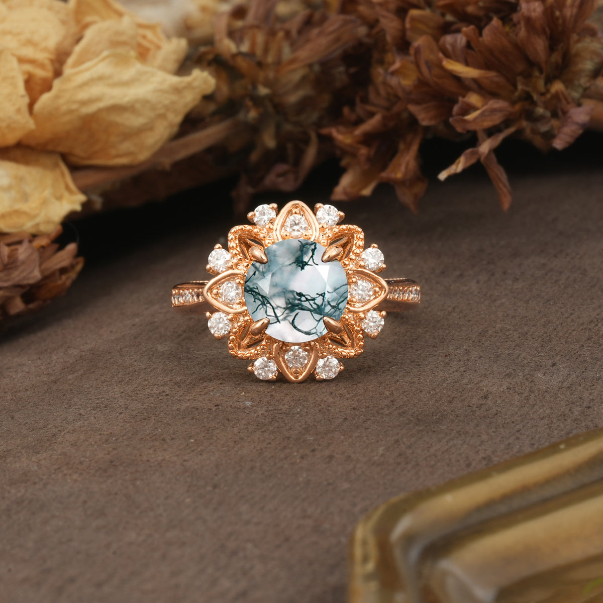 Nature-Inspired, Luxurious Floral Design, 4-Prong Round Cut Moss Agate Engagement Ring - Additional view