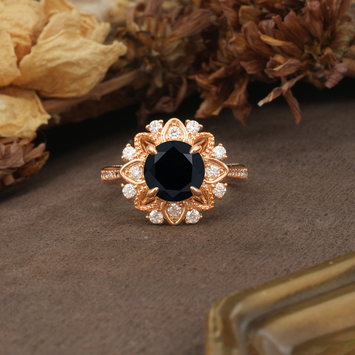 Nature-Inspired, Luxurious Floral Design, 4-Prong Round Cut Black Onyx Engagement Ring - Additional view