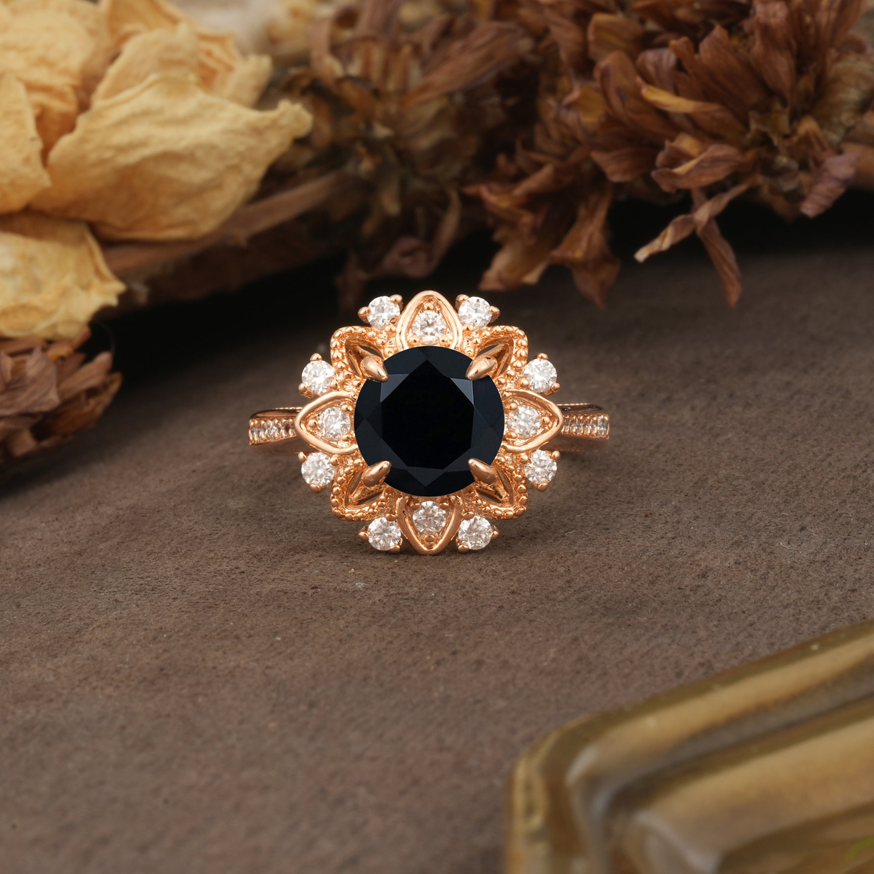 Nature-Inspired, Luxurious Floral Design, 4-Prong Round Cut Black Onyx Engagement Ring - Additional view