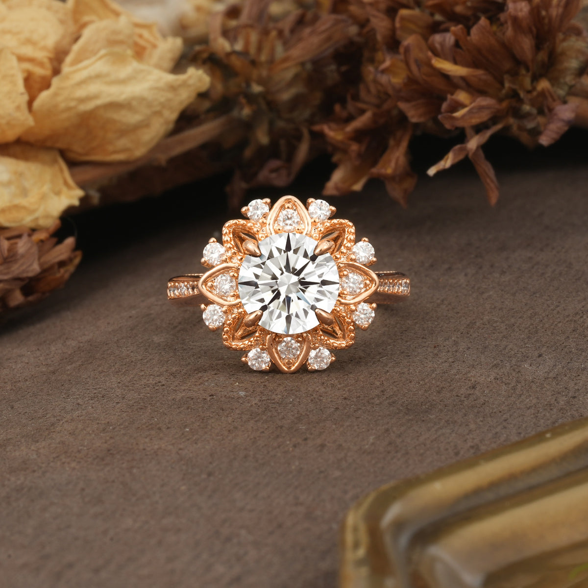 Nature-Inspired, Luxurious Floral Design, 4-Prong Round Cut Lab Diamond Engagement Ring - Additional view