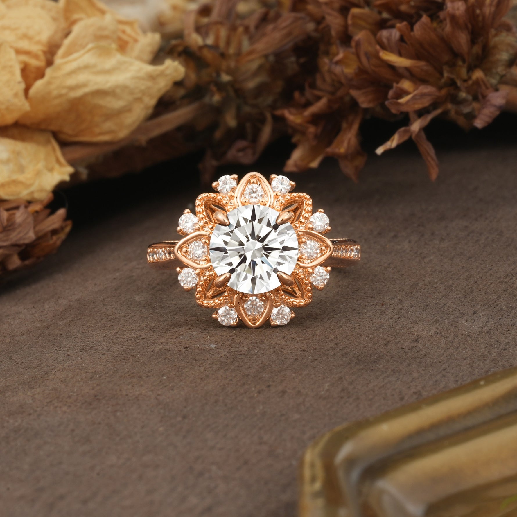 Nature-Inspired, Luxurious Floral Design, 4-Prong Round Cut Lab Diamond Engagement Ring - Additional view