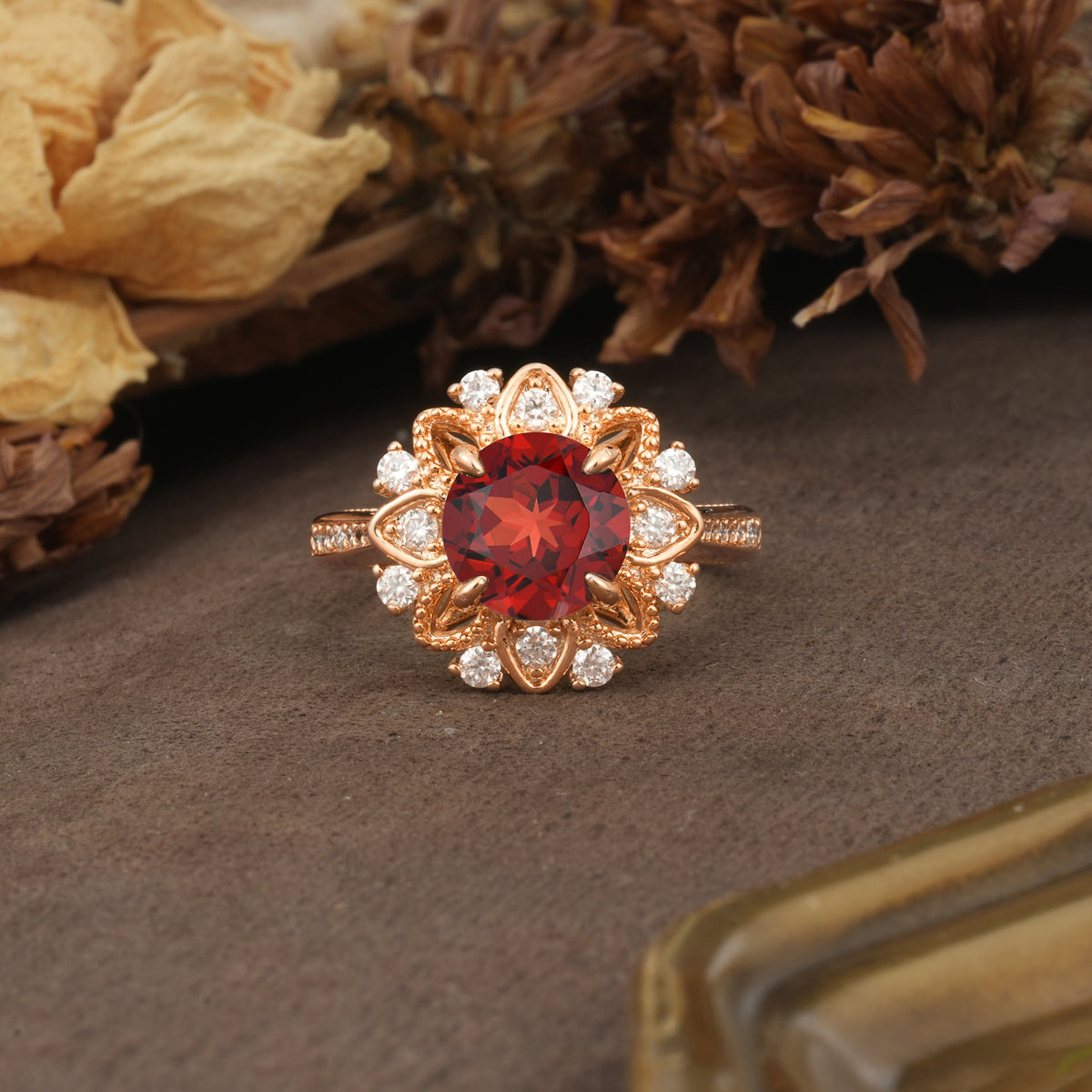Nature-Inspired, Luxurious Floral Design, 4-Prong Round Cut Garnet Engagement Ring - Additional view