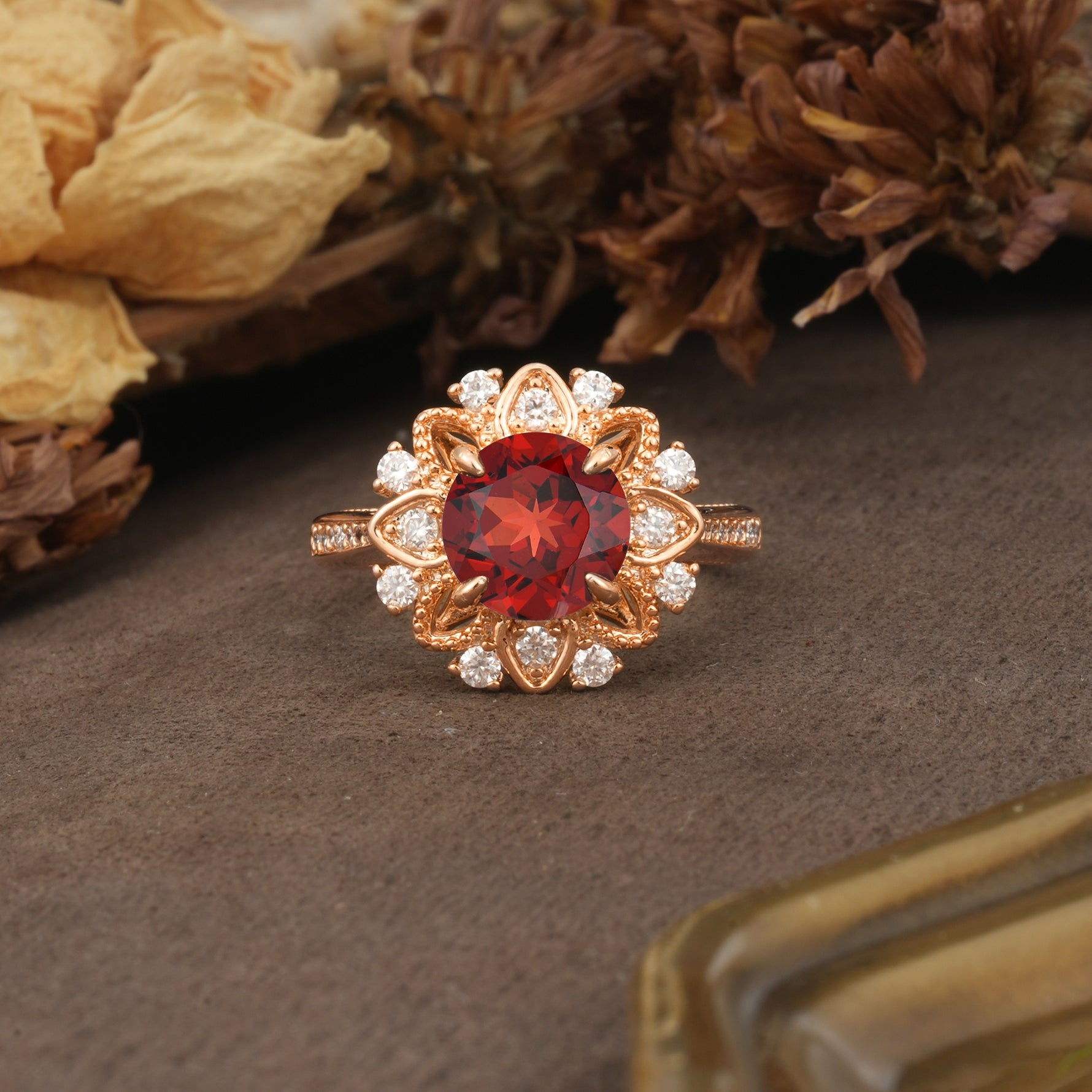 Nature-Inspired, Luxurious Floral Design, 4-Prong Round Cut Garnet Engagement Ring - Additional view