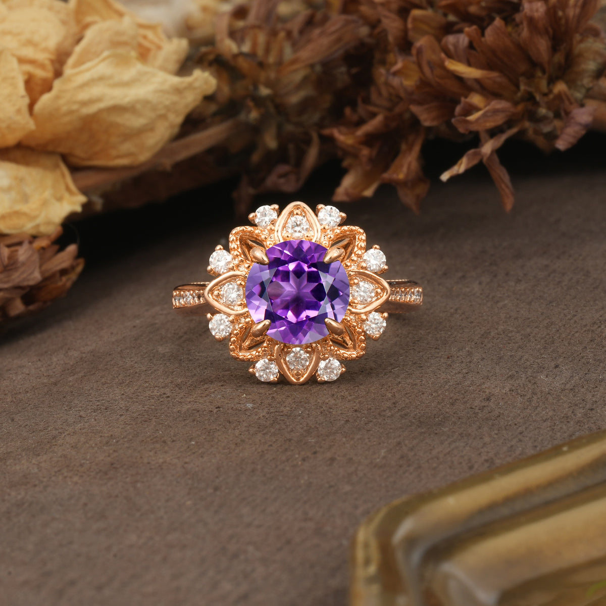 Nature-Inspired, Luxurious Floral Design, 4-Prong Round Cut Amethyst Engagement Ring - Additional view