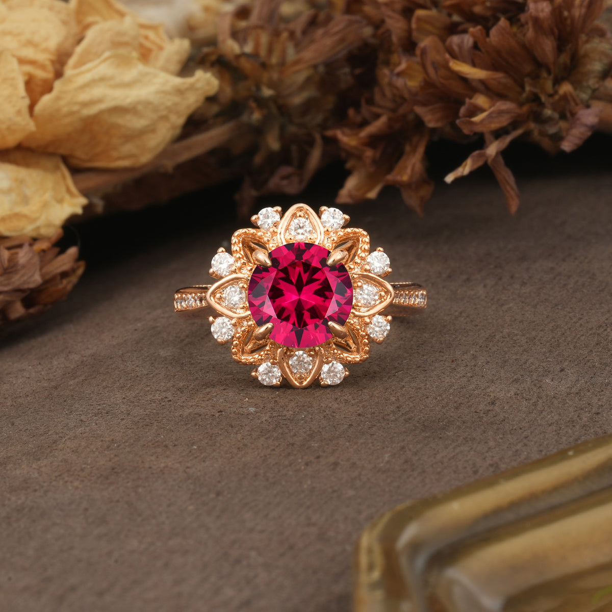Nature-Inspired, Luxurious Floral Design, 4-Prong Round Cut Ruby Engagement Ring - Additional view