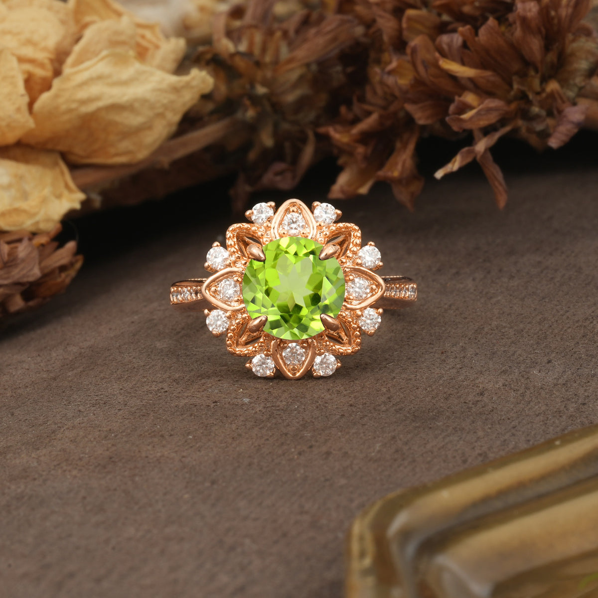 Nature-Inspired, Luxurious Floral Design, 4-Prong Round Cut Peridot Engagement Ring - Additional view
