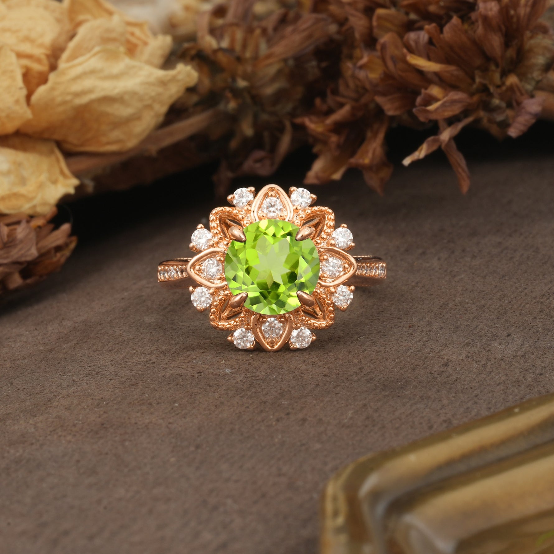 Nature-Inspired, Luxurious Floral Design, 4-Prong Round Cut Peridot Engagement Ring - Additional view