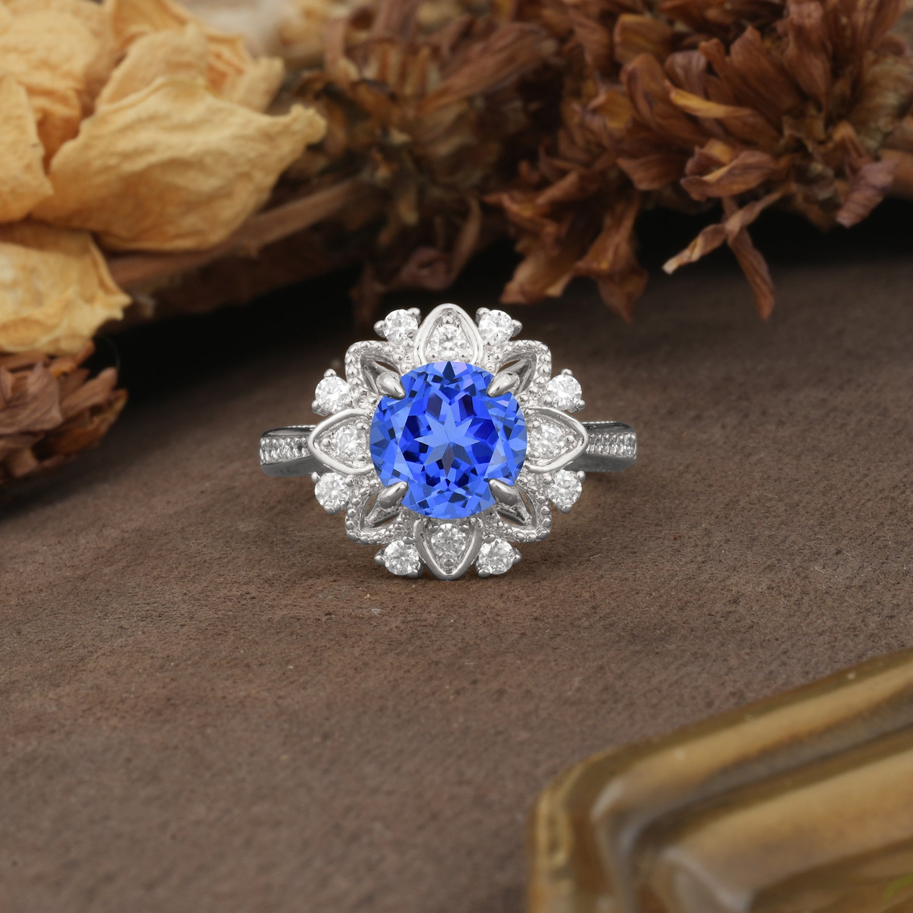 Nature-Inspired, Luxurious Floral Design, 4-Prong Round Cut Sapphire Engagement Ring - Additional view