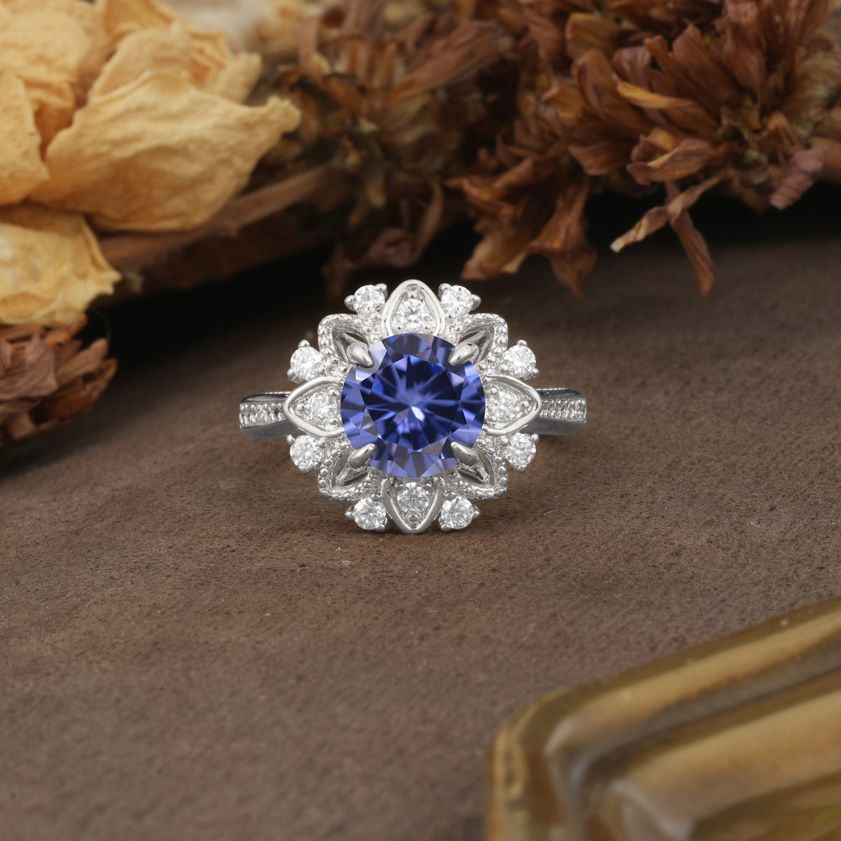 Nature-Inspired, Luxurious Floral Design, 4-Prong Round Cut Tanzanite Engagement Ring - Additional view