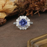 Nature-Inspired, Luxurious Floral Design, 4-Prong Round Cut Tanzanite Engagement Ring - Additional view