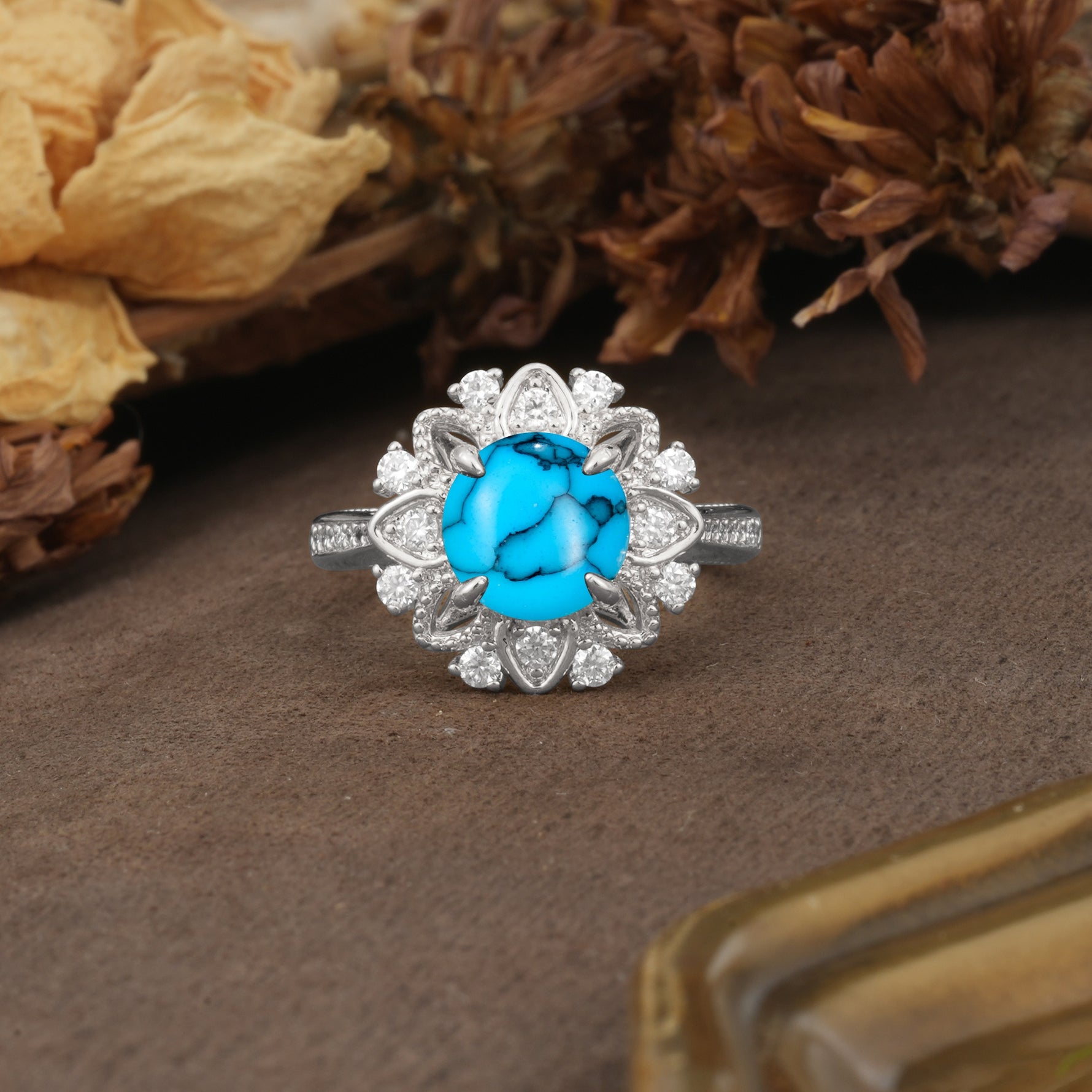 Nature-Inspired, Luxurious Floral Design, 4-Prong Round Cut Turquoise Engagement Ring - Additional view