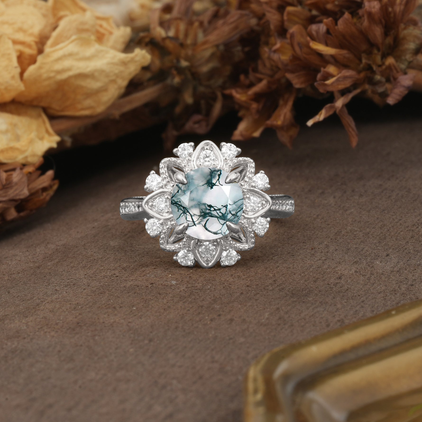 Nature-Inspired, Luxurious Floral Design, 4-Prong Round Cut Moss Agate Engagement Ring - Additional view