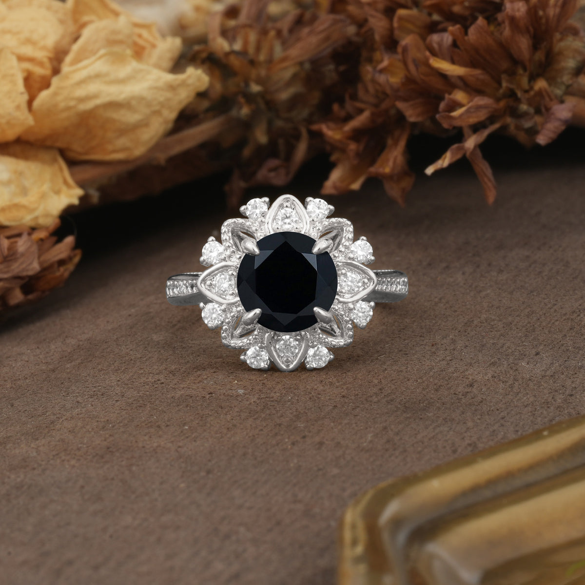 Nature-Inspired, Luxurious Floral Design, 4-Prong Round Cut Black Onyx Engagement Ring - Additional view