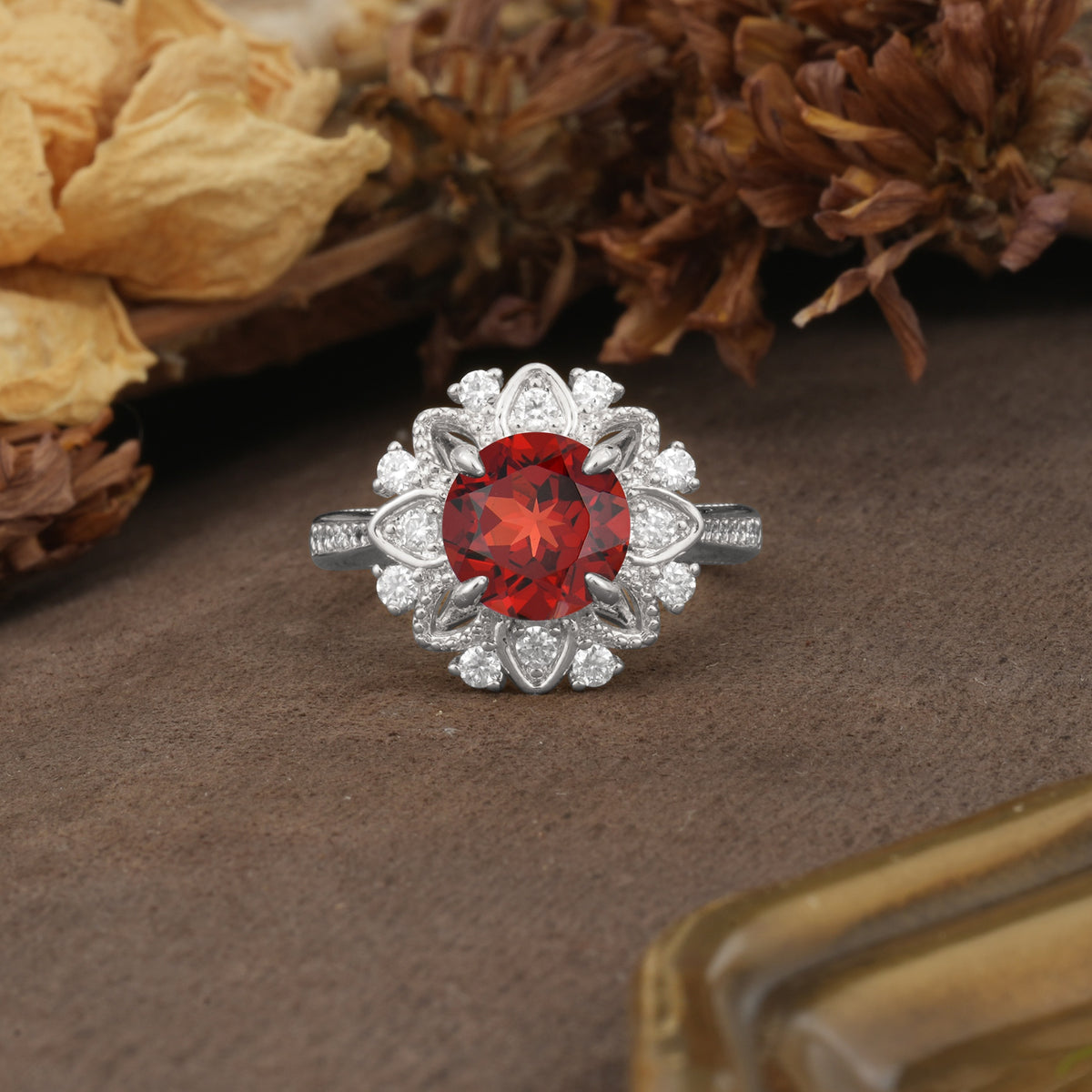 Nature-Inspired, Luxurious Floral Design, 4-Prong Round Cut Garnet Engagement Ring - Additional view