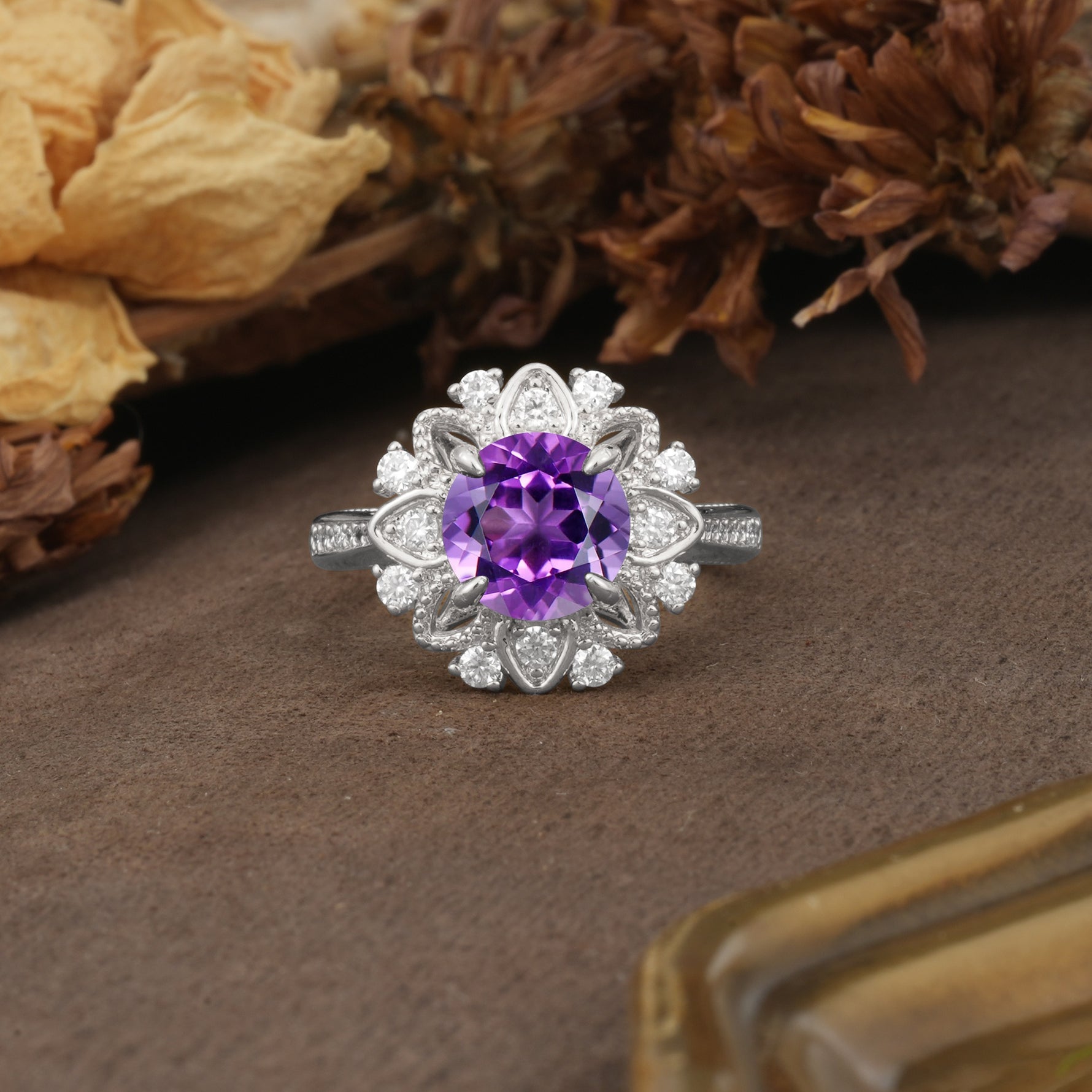 Nature-Inspired, Luxurious Floral Design, 4-Prong Round Cut Amethyst Engagement Ring - Additional view