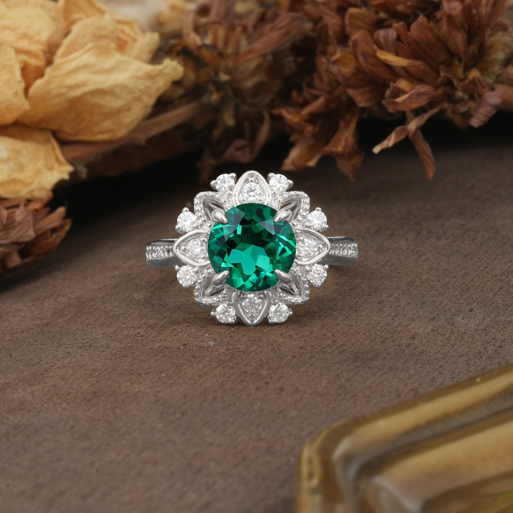 Nature-Inspired, Luxurious Floral Design, 4-Prong Round Cut Emerald Engagement Ring - Additional view