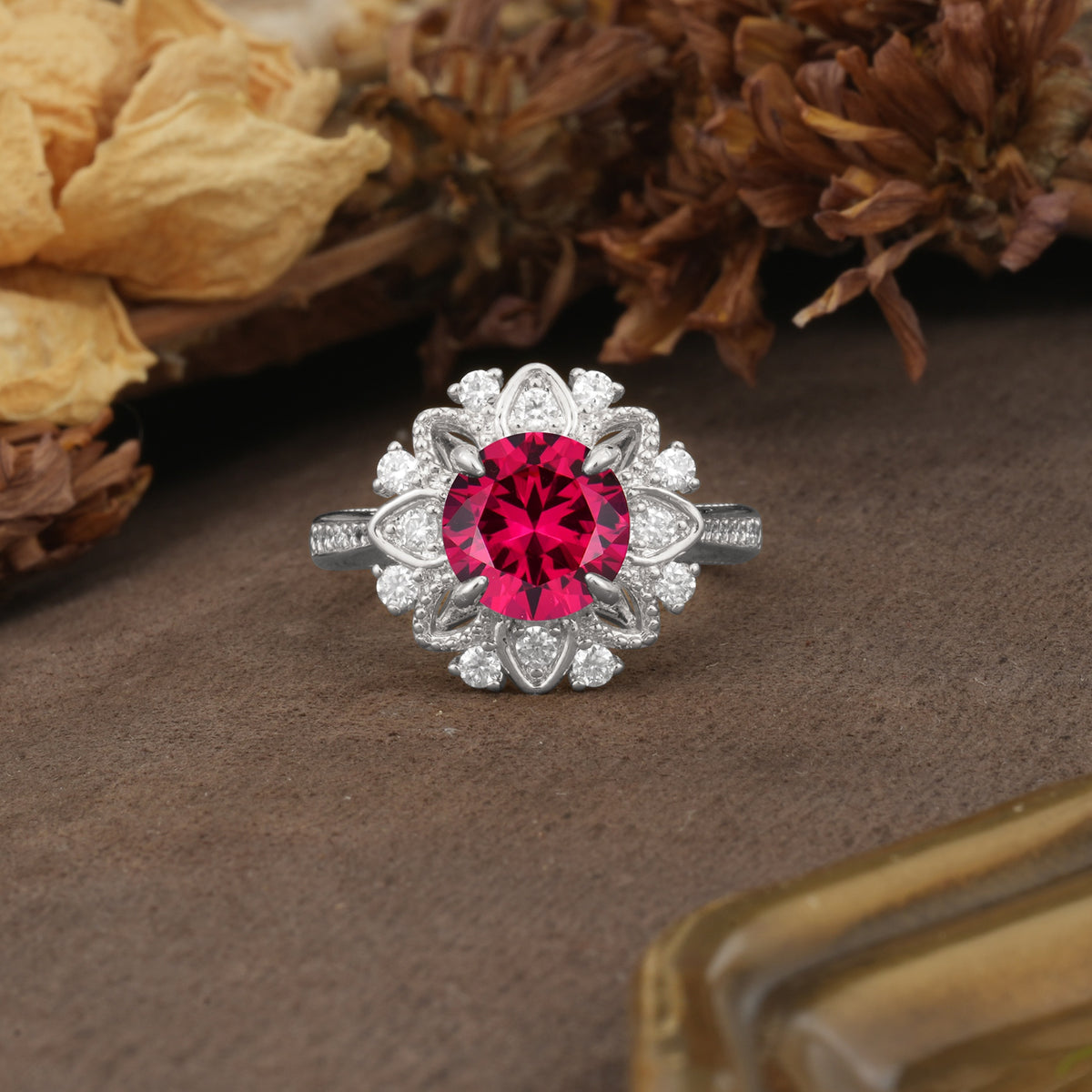Nature-Inspired, Luxurious Floral Design, 4-Prong Round Cut Ruby Engagement Ring - Additional view