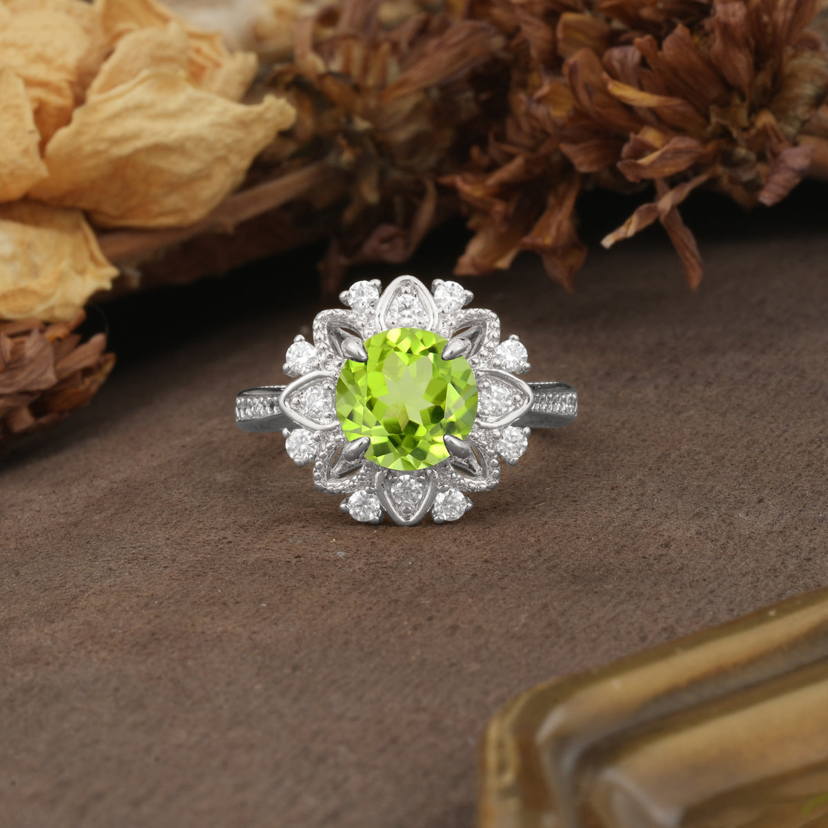 Nature-Inspired, Luxurious Floral Design, 4-Prong Round Cut Peridot Engagement Ring - Additional view