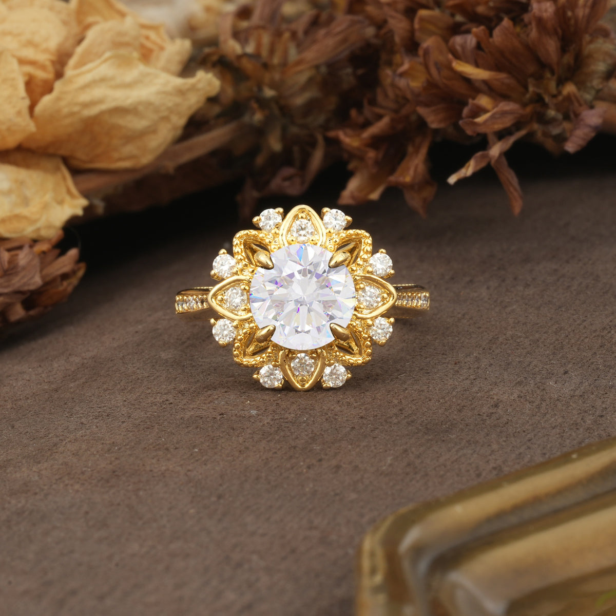 Nature-Inspired, Luxurious Floral Design, 4-Prong Round Cut Moissanite Engagement Ring - Additional view