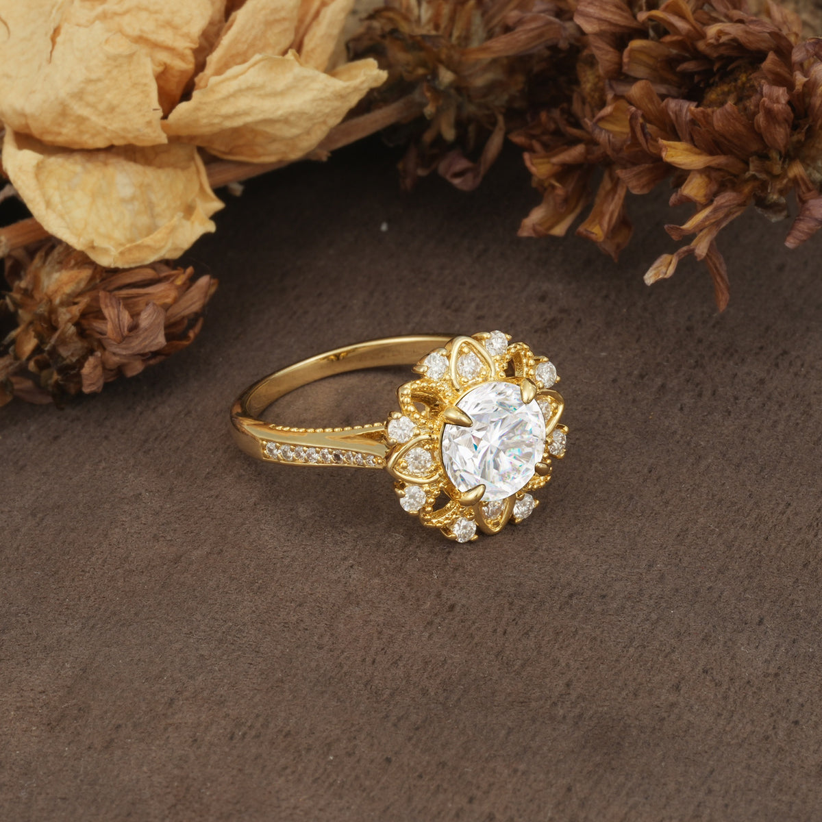 Nature-Inspired, Luxurious Floral Design, 4-Prong Round Cut Moissanite Engagement Ring - Additional view